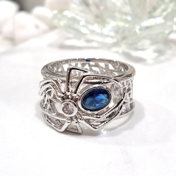 Blue Sapphire Black Widow Spider Stainless Statement Ring - Picture 5 of 13